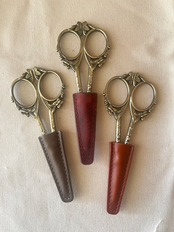 Gold Tone Butterfly Embroidery Scissors with Leather Sheath